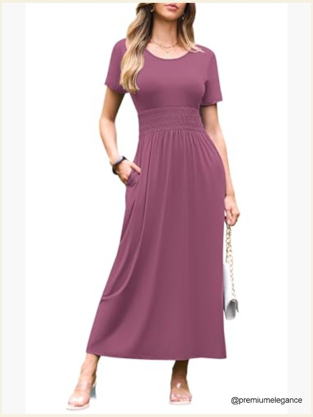 Summer Maxi Dress with Smocked Waist, Short Sleeves, and Pockets - Picture 2 of 7